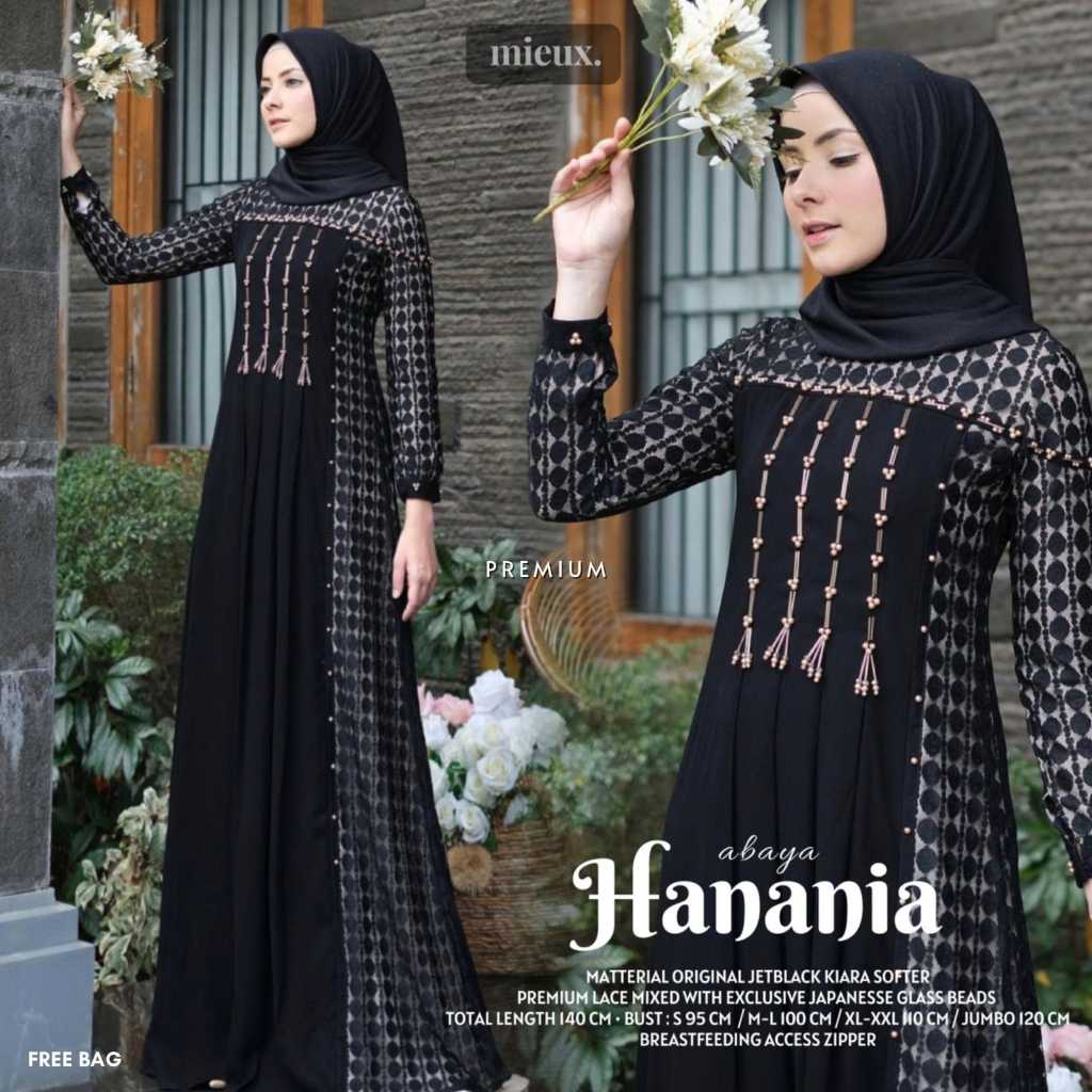 ABAYA PREMIUM SERI HANANIA BAHAN JETBLACK ORI MIEUX