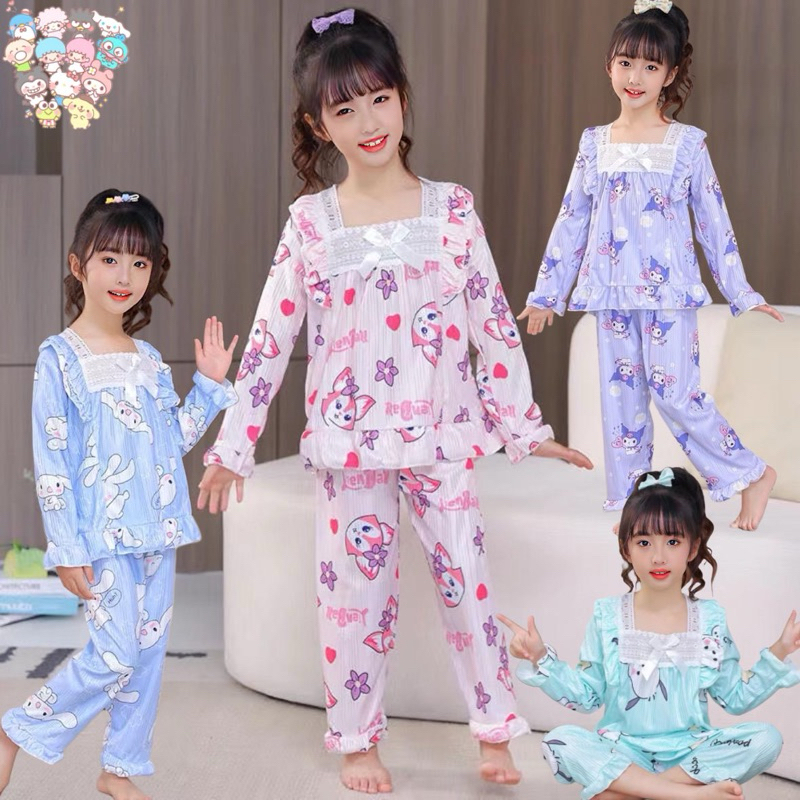 3-10Tahun Setelan baju tidur brukat anak perempuan | piyama anak sanrio | baju tidur panjang anak ce