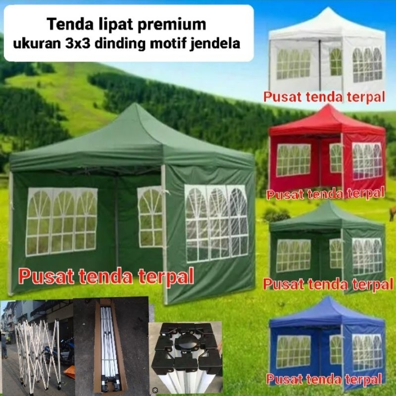 Tenda lipat premium ukuran 3x3 dinding motif jendela
