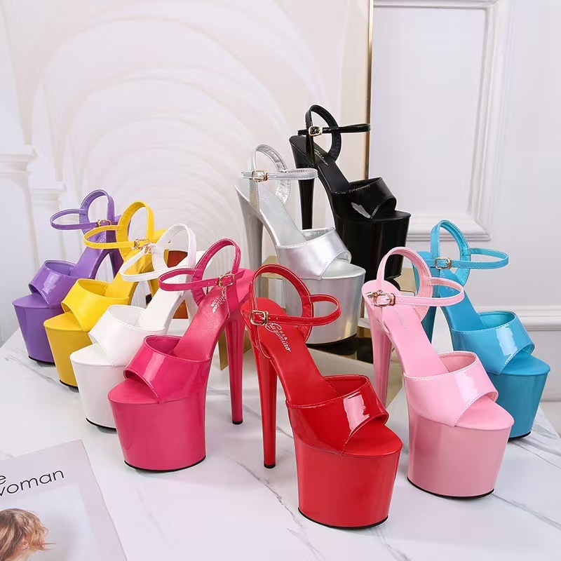 Lacquer leather 20cm high heels, slim heels, sexy waterproof platform, super high sandals