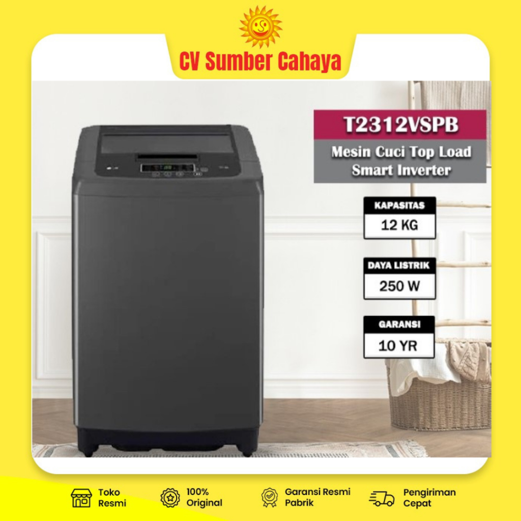 LG Mesin Cuci 1 Tabung 12Kg Smart Inverter Top Loading Turbo Drum 250 Watt T2312VSPB T2312