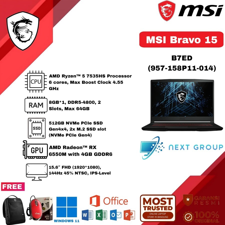 MSI BRAVO 15 B7ED RYZEN 5-7535HS RX6550M 8GB 15.6" FHD OHS21 W11