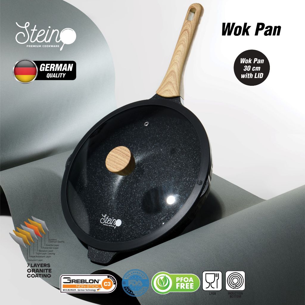 STEIN Cookware Diamond 2  Wok Pan Wajan Anti Lengket 30cm + Tutup