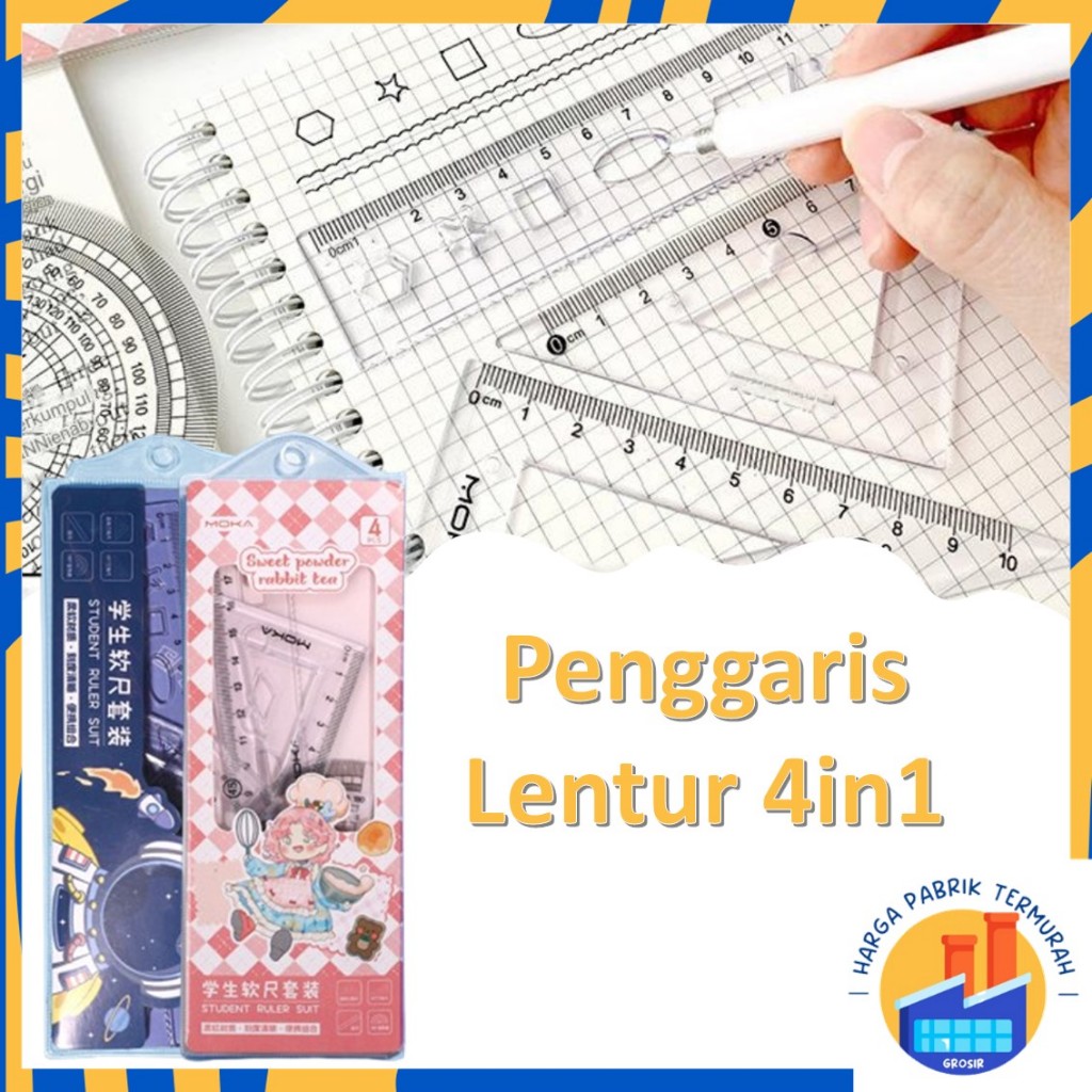

HPT Penggaris Set 4IN1 20Cm Penggaris Lentur Bening Isi 4Pcs Lucu Ruller Set Transparant Perlengkapan Sekolah Menggambar Pelajar Mahasiswa Motif Polos Kemasan Ziplock