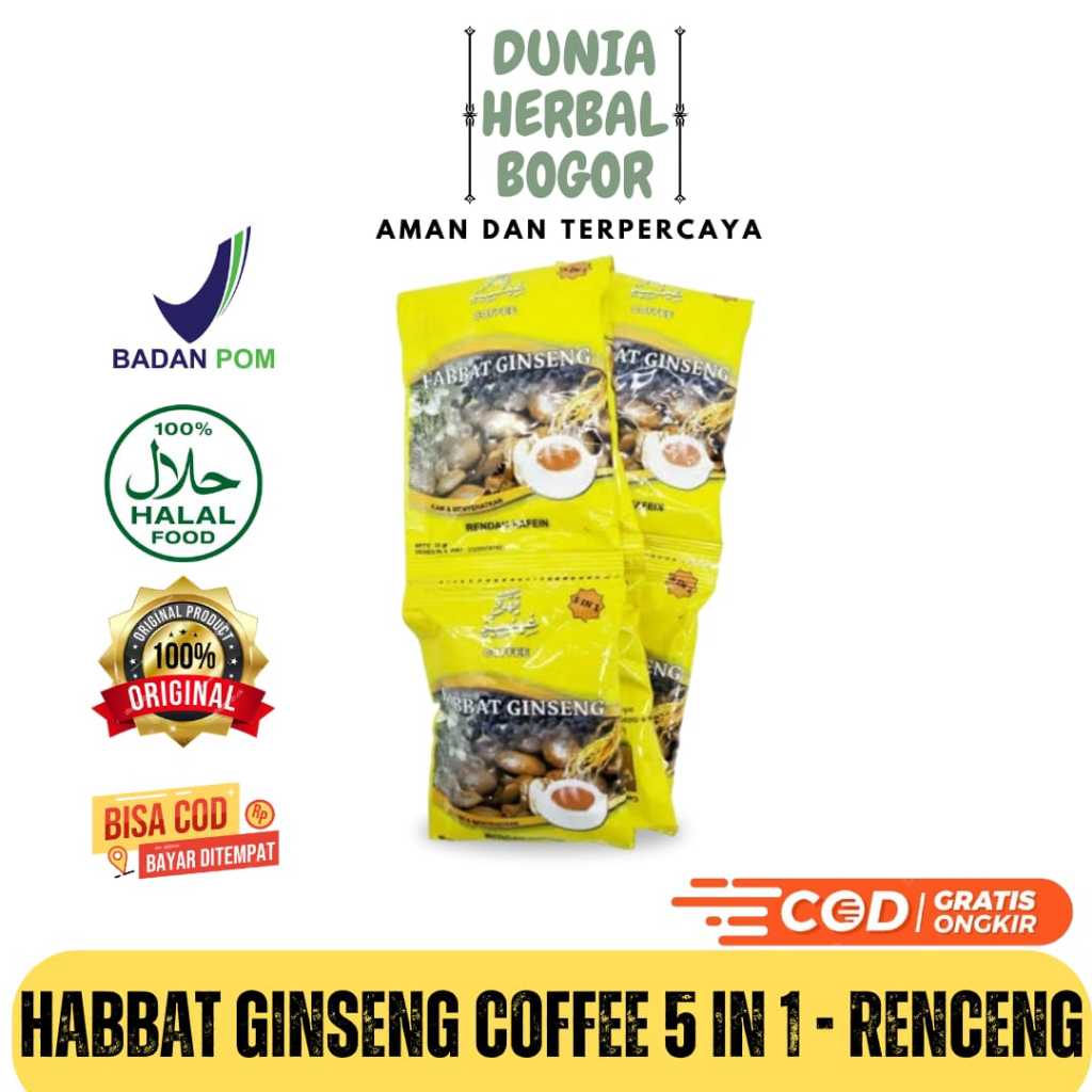 

Habbat Ginseng Coffee 5 in 1 1 Renceng isi 10 Sachet Minuman Stamina Tanpa Bahan KimiaKopi Herbal Habbat Ginseng Coffee 5 in 1 isi 10pcs - Minuman Kesehatan Original