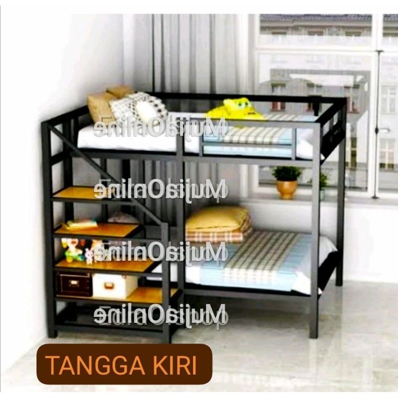 Ranjang Besi Tingkat Tangga Depan Loft Bed Mezzanine Susun Dua Murah Minimalis Mewah Costum