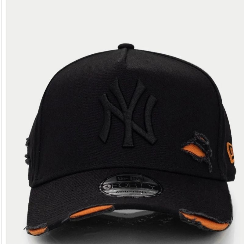 topi ny motif sobek orange bordir hitam original full tag.