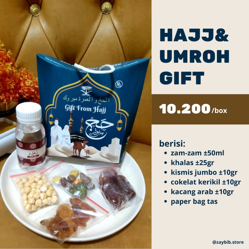 

Oleh Oleh Haji dan Umroh /Kurma Air ZamZam Kismis Cokelat Haji Umroh Gift / Dus tali jinjing