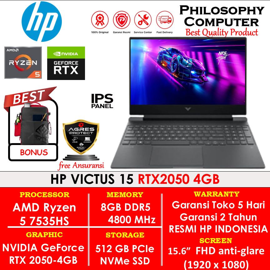 HP VICTUS GAMING 15 RYZEN 5 7535HS RTX2050 8GB OHS 15.6" FHD