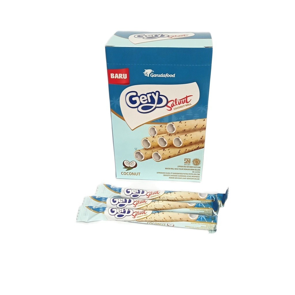 

Gery Saluut Coconut Roll / Wafer Roll II Gery Saluut Coconut Roll 1 Box isi 24 pcs x 7gr - 1 Karton isi 12 Box