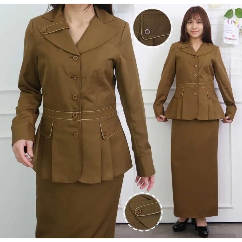 Setelan Seragam Dinas Khaki Gelap Pemda Aceh PNS Wanita Size S-5L Setelan Rok Span Panjang