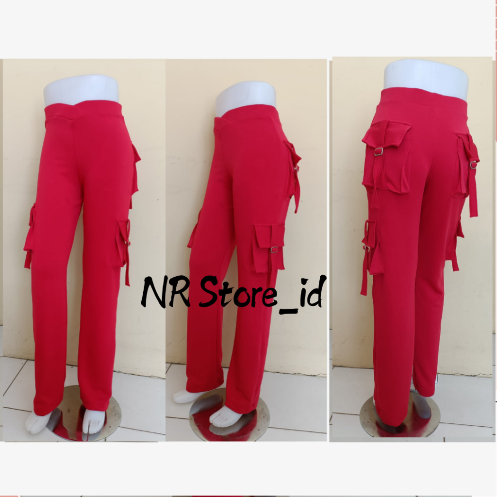 Celana Senam Cargo Merah / Celana Senam Kantong 4/ Celana Olahraga Wanita
