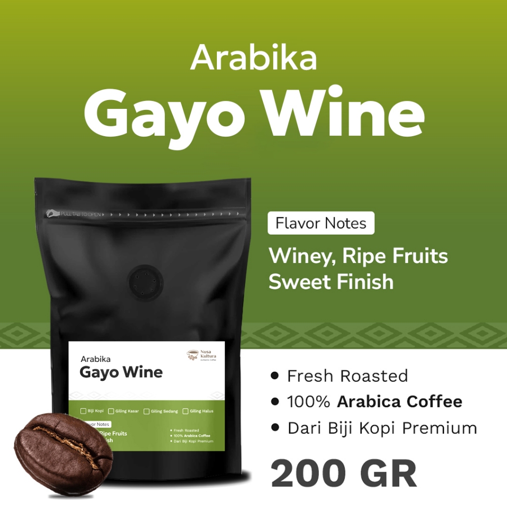 

KOPI ARABIKA GAYO WINE NUSA KULTURA 200 GRAM | KOPI BUBUK ASLI GILING HALUS BIJI KOPI ROASTED