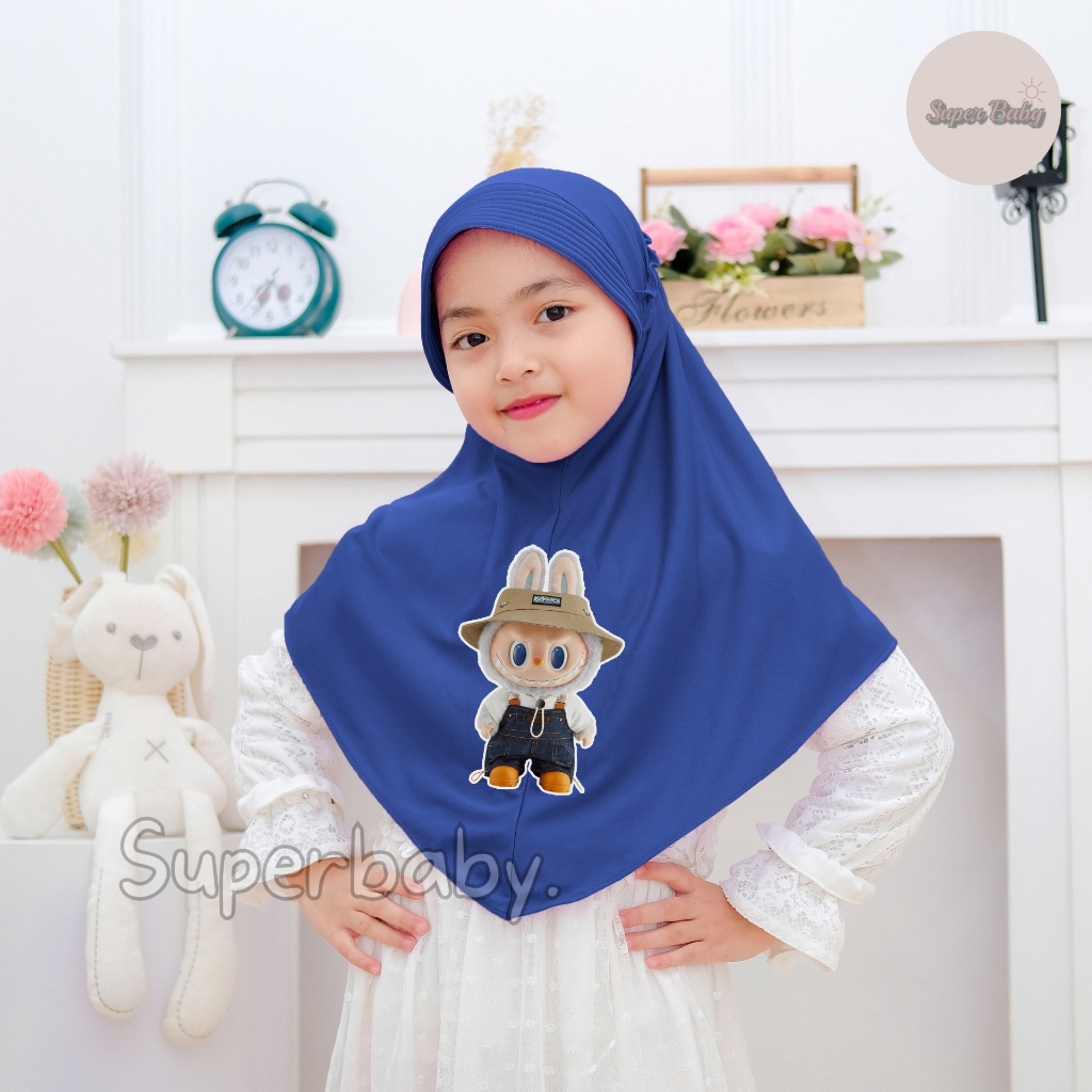 Hijab Anak Perempuan LABUBU Usia 4-8 Tahun Matt.Jersey Hyget / Kerudung Anak Karakter Labubu  - Hija