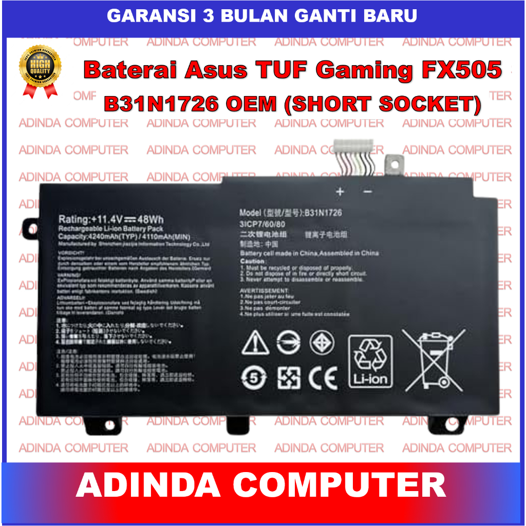 Baterai Laptop Asus Tuf Gaming FX505 FX504GE FX504 FX504GD FX504GE Series B31N1726