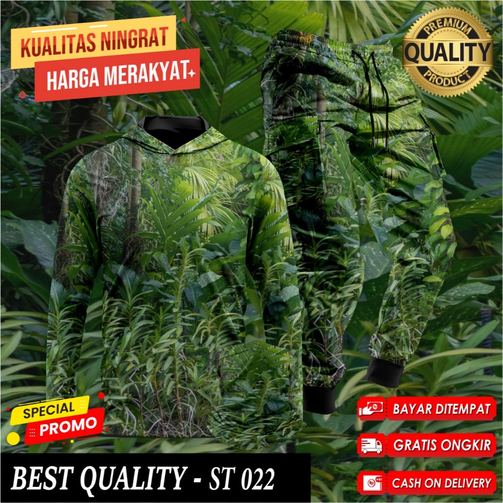 Setelan Baju Camo Hoodie Berburu Hunting Baju Berburu Hutan Kamuflase 1 Set Buff Celana Camo ST