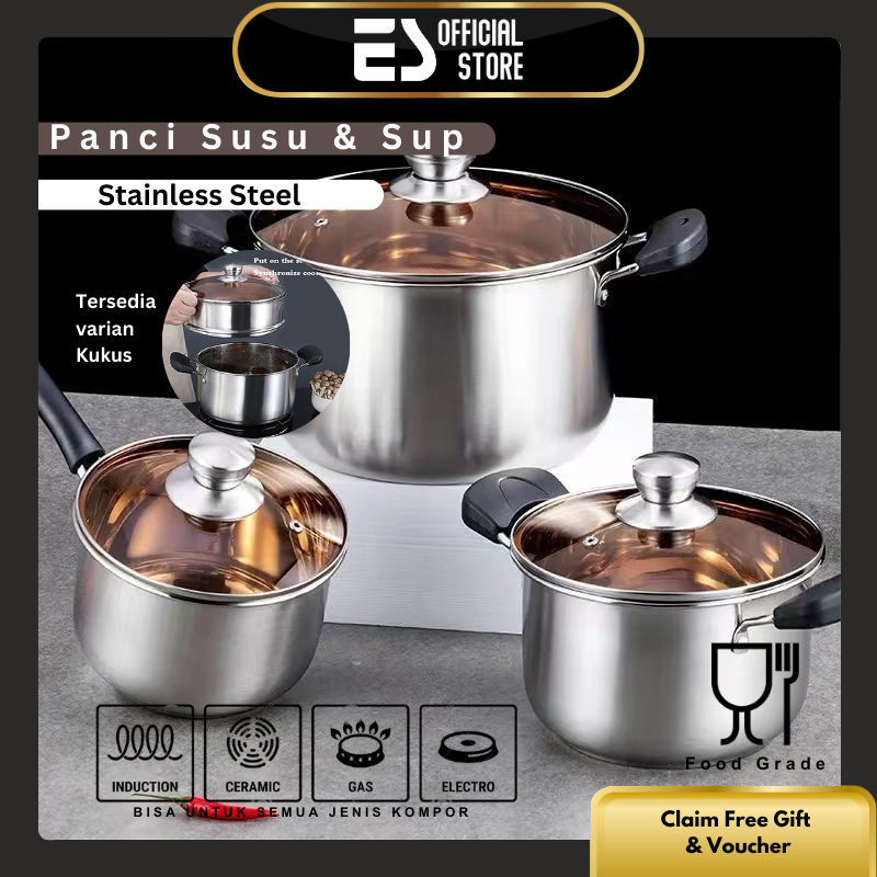 ES Panci Sup Panci Kukus Steam Pot Stainless Steel Panci Mie Tutupan Kaca