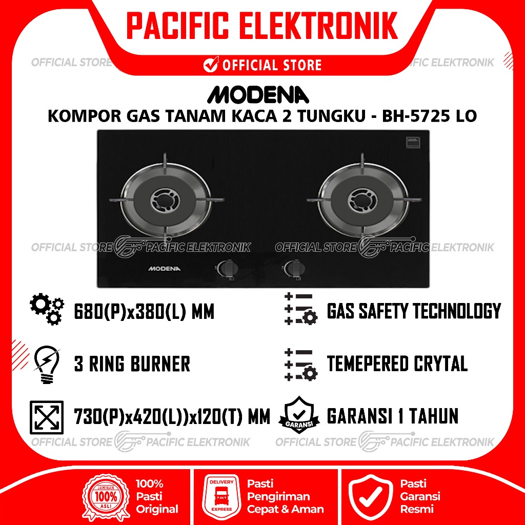 Kompor Gas Tanam Modena Kaca 2 Tungku BH-5725-LO / 5725LO