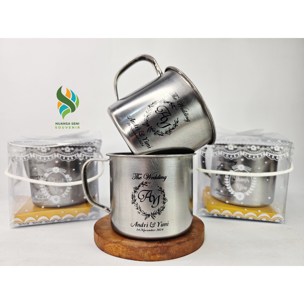 Souvenir Gelas Minum Kaleng Stainless Cangkir Kopi Gagang Jadul Mug Kaleng Warna Silver Cup Sablon