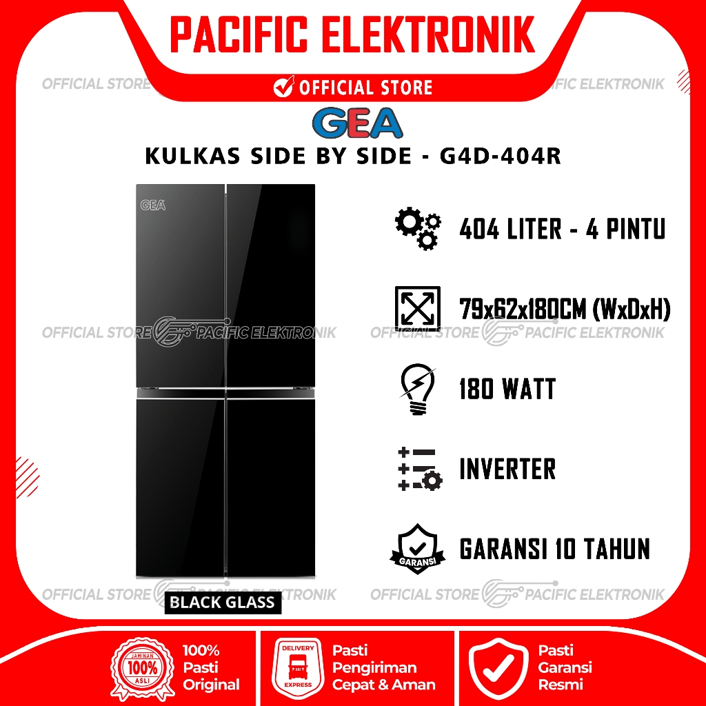 Kulkas Side By Side GEA 4 Pintu 404 Liter G4D-404R / G4D 404R / 404 Black Glass