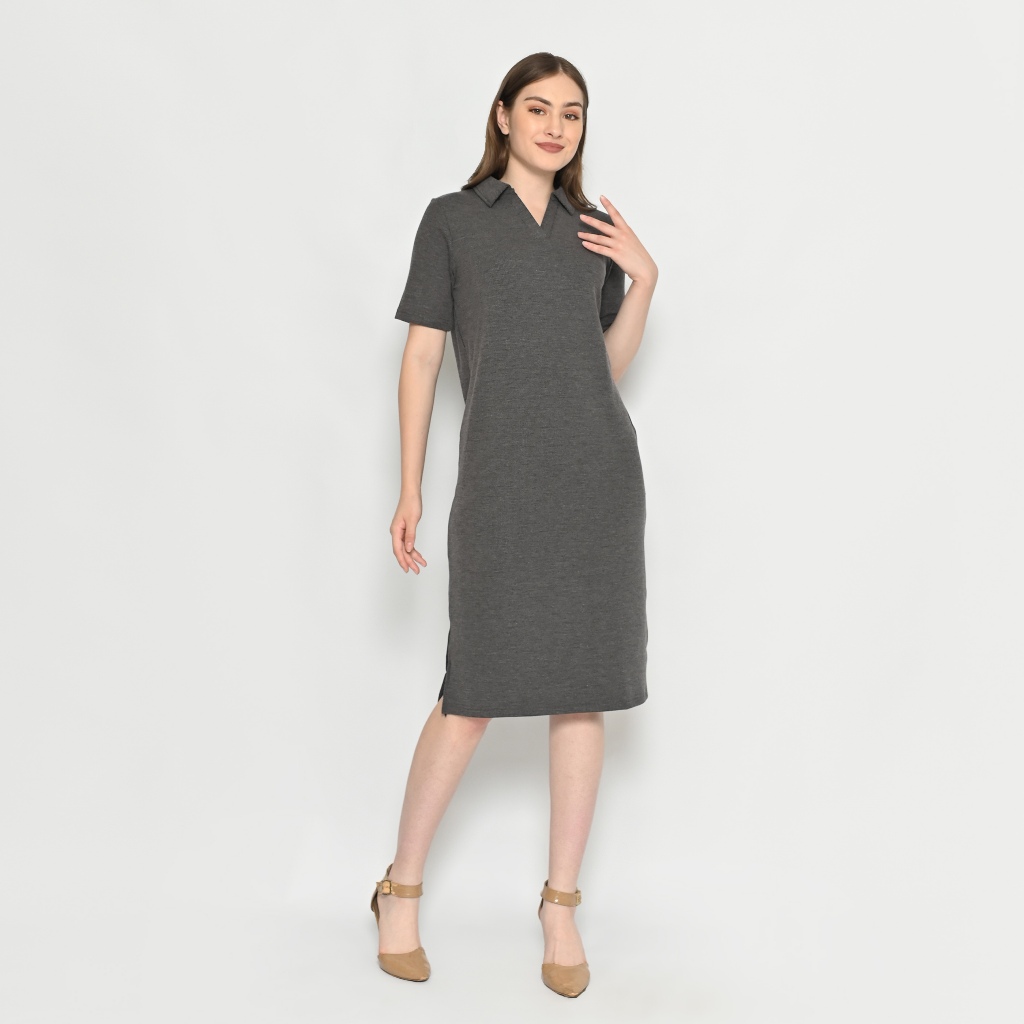 QUEENTIN Dress Wanita Midi 0183 Stretch Snowy Knit Polos Lengan Pendek