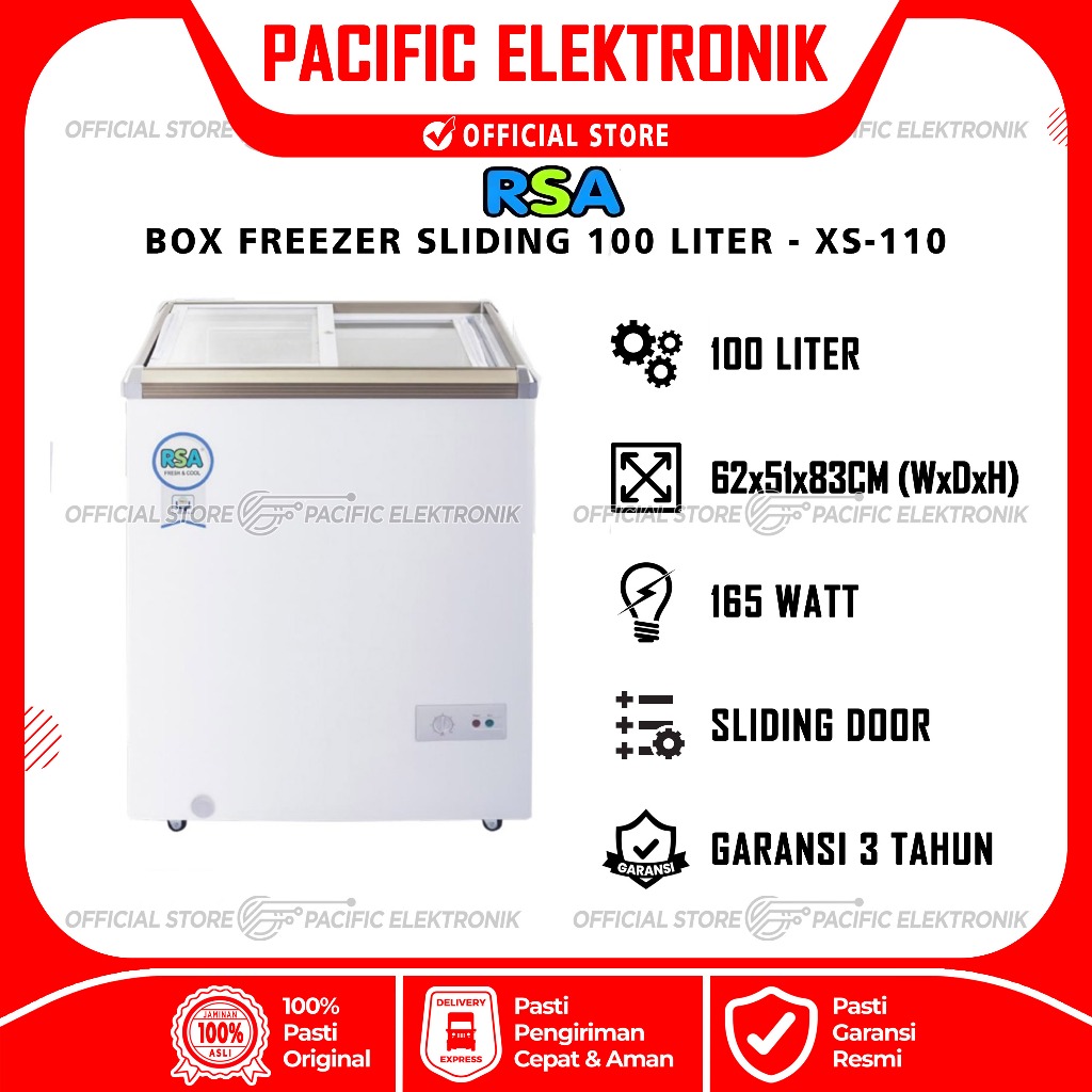 Box Freezer / Chest Freezer Sliding RSA 100Liter XS-110 / XS110 (Box Freezer Kaca)