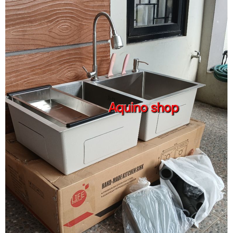 Paket komplit wastafel bak cuci piring Hand made kitchen sink 2 lubang stainless ukuran 82cm×45cm×22