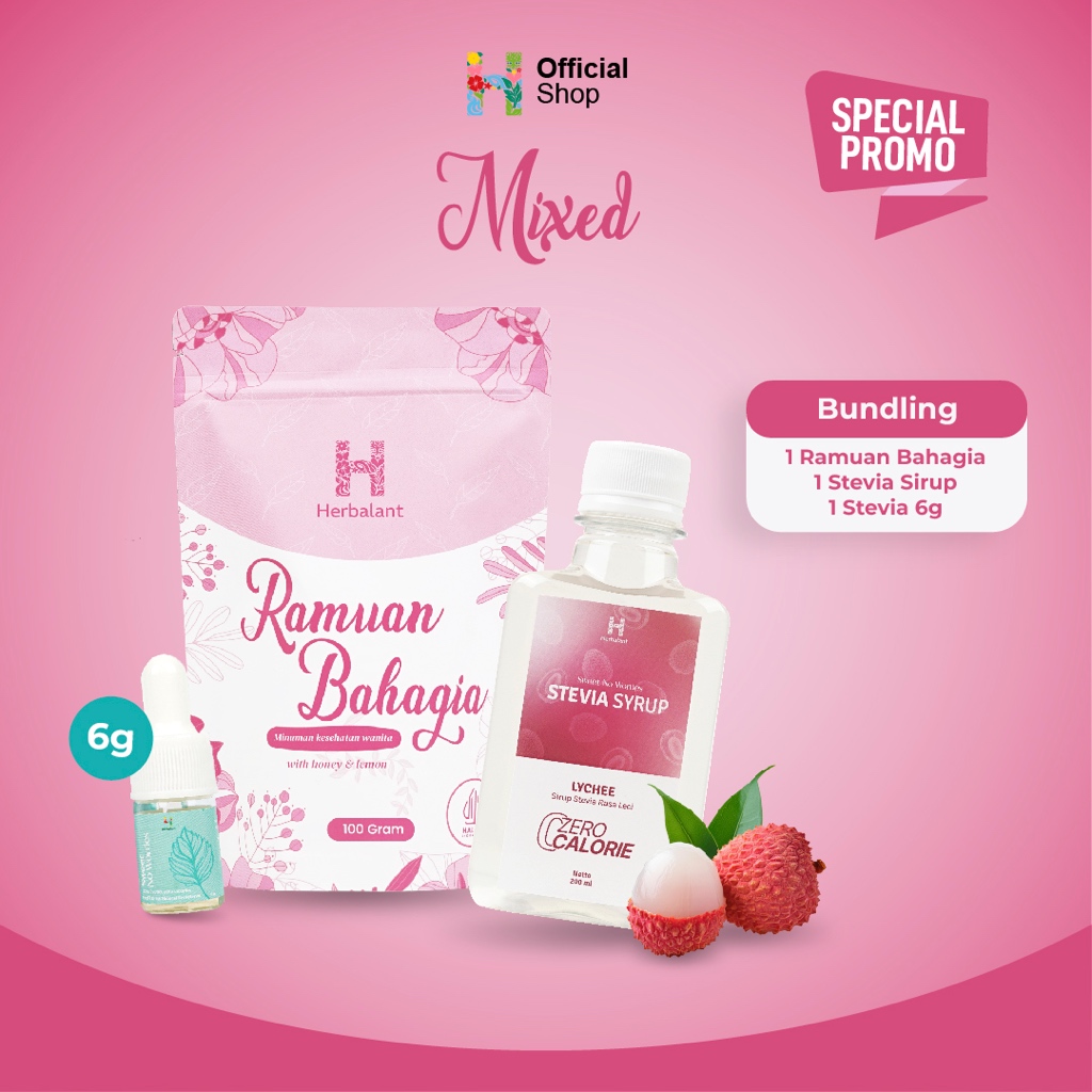

Herbalant [PAKET LENGKAP: Ramuan Bahagia + Stevia Sweet No Worries (6gr) + Syrup Stevia Rasa Lychee]