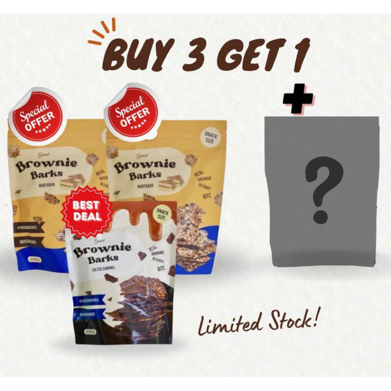

Brownie Barks / Brownie Crispy Promo Bundle 3 Rasa ( 2 Pcs Martabak 60 GR + 1 Salted Caramel 70 GR + Free 1 Pcs)