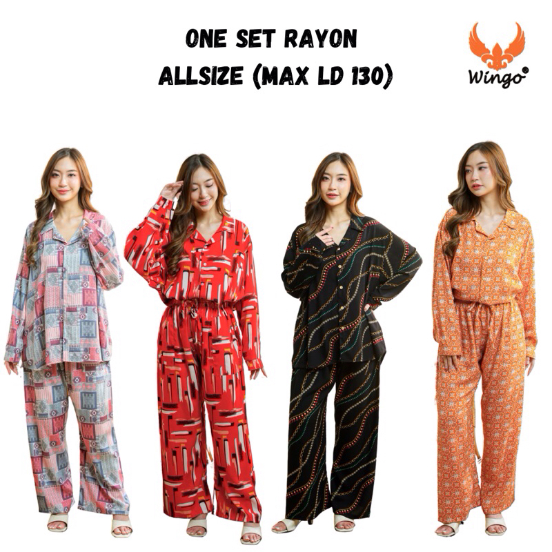 [WINGO] One Set Kerah Baju Tidur Rayon Lengan Panjang Celana Panjang Allsize Jumbo LD 130