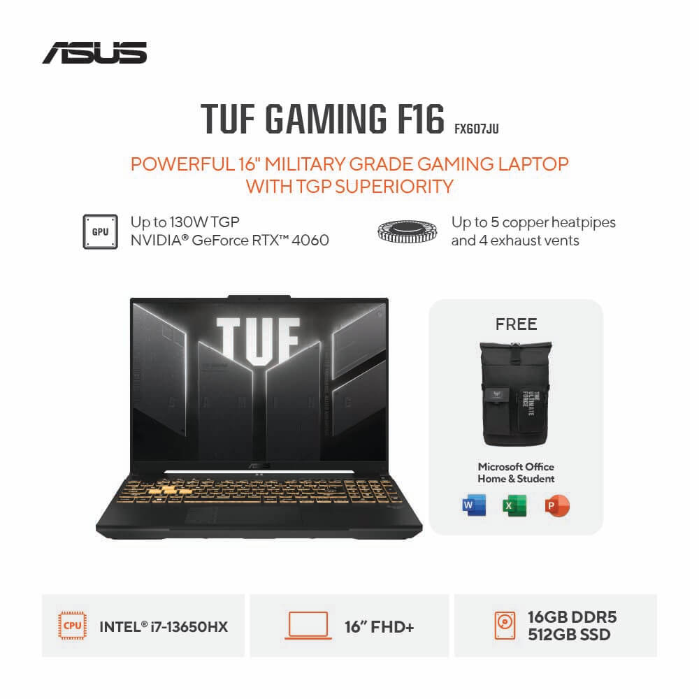 ASUS TUF GAMING F16 FX607JU CORE I7 13650HX MEMORI 16 GB SSD 512 GB RTX4050 WIN 11 + OHS