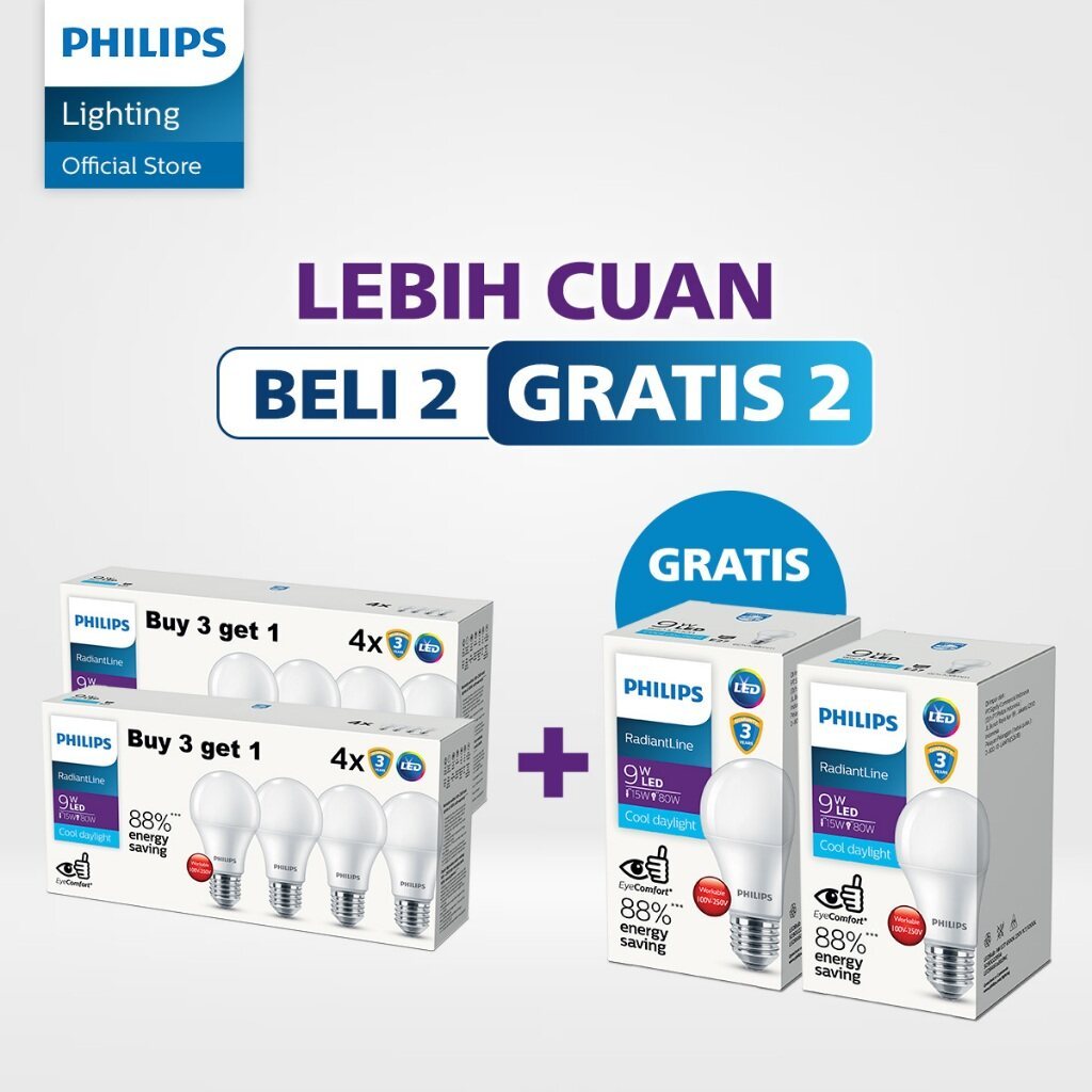 Philips Paket Beli 2 Lampu Multipack Radiantline 9W 6500k Putih Gratis 2 Lampu LED Bulb 9W Putih
