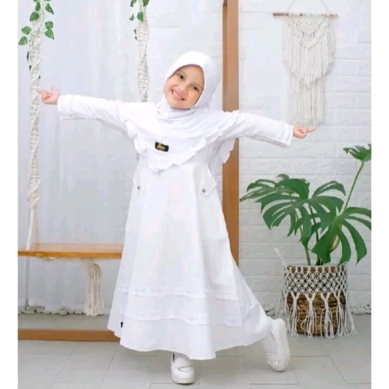 100% AMAN Gamis Anak Putih Manasik Haji Set Hijab Usia 3_10 Tahun Bahan Rayon Tewill Premium Model