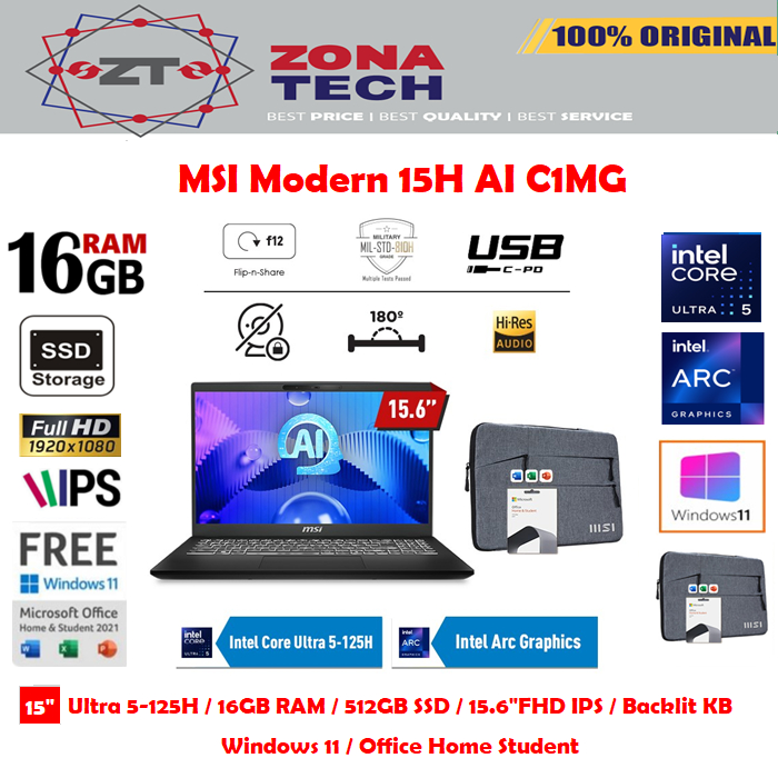 MSI MODERN 15H AI C1MG Ultra 5 125H 16GB 512GB SSD 15.6 FHD IPS W11 OHS