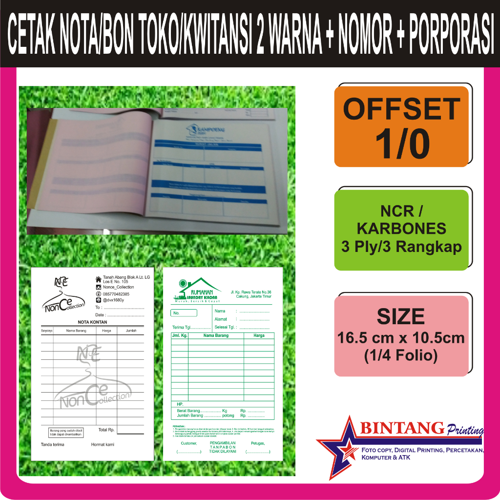 

Cetak Nota/Invoice/Bon Toko/Bon Loundry NCR 1/8 Folio 2 ply murah dan Cepat