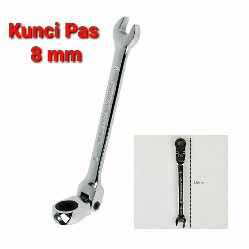 Kunci Ring Pas 8 inch Kombinasi Fleksibel Rachet dan Wrench 8 mm