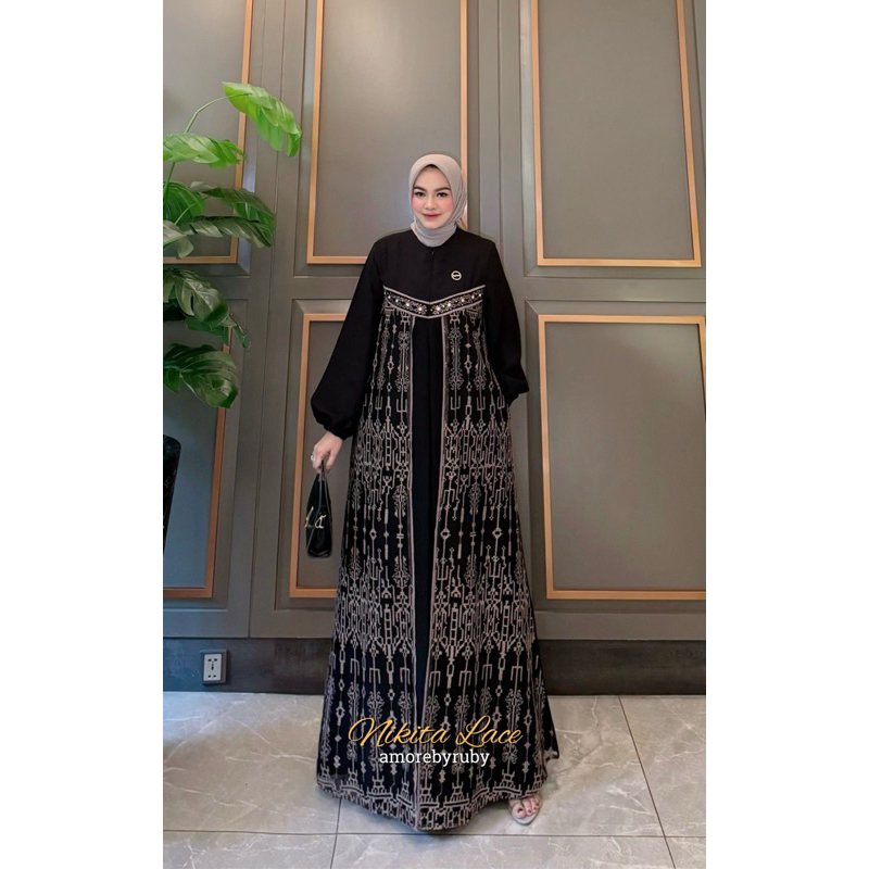NIKITA LACE DRESS MUSLIM AMORE BY RUBY GAMIS HITAM ABAYA TURKI MIX BRUKAT IMPORT LACE MEWAH TERBARU 