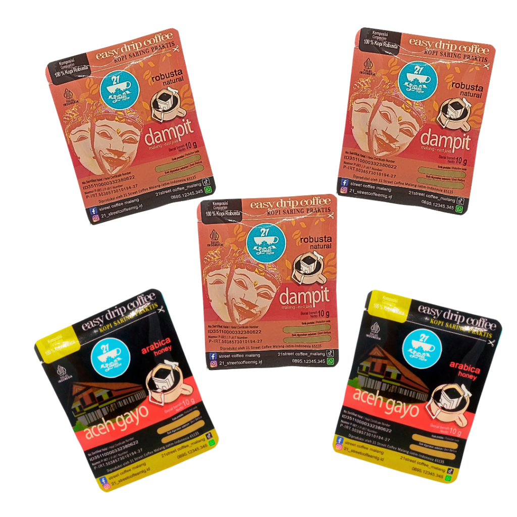 

21StreetCoffee Drip Bag Coffee Paket Drip Kopi Mix 5in1 (3 Robusta Dampit+ 2 Arabika Aceh Gayo)