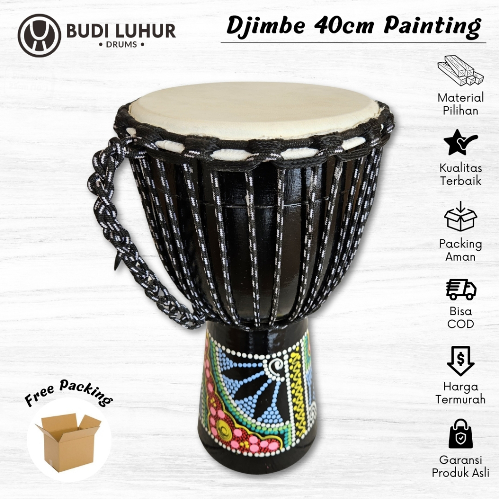 Kendang Jimbe 40cm Hitam Painting Gendang Djimbe Reggae Pemula Ukuran Sedang Original Berkualitas