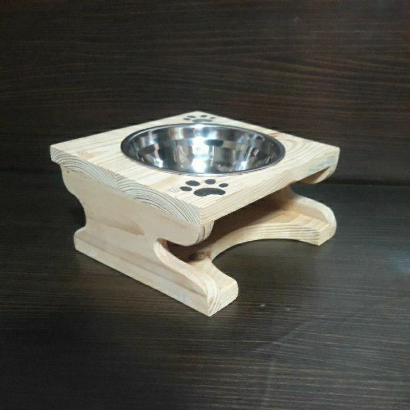 Tempat Makan Kucing Anjing - Tempat Makan Kucing Anjing Kayu Single Bowl stainless