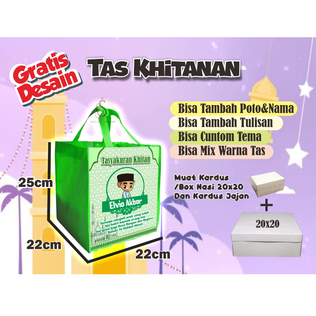 

Tas muat box 20x20/Tas Aqiqah/Tas mengenang kematian/Tas buat 100 hari /Tas untuk 1000 hari / Tas Khitanan Custom / Tas Khitan
