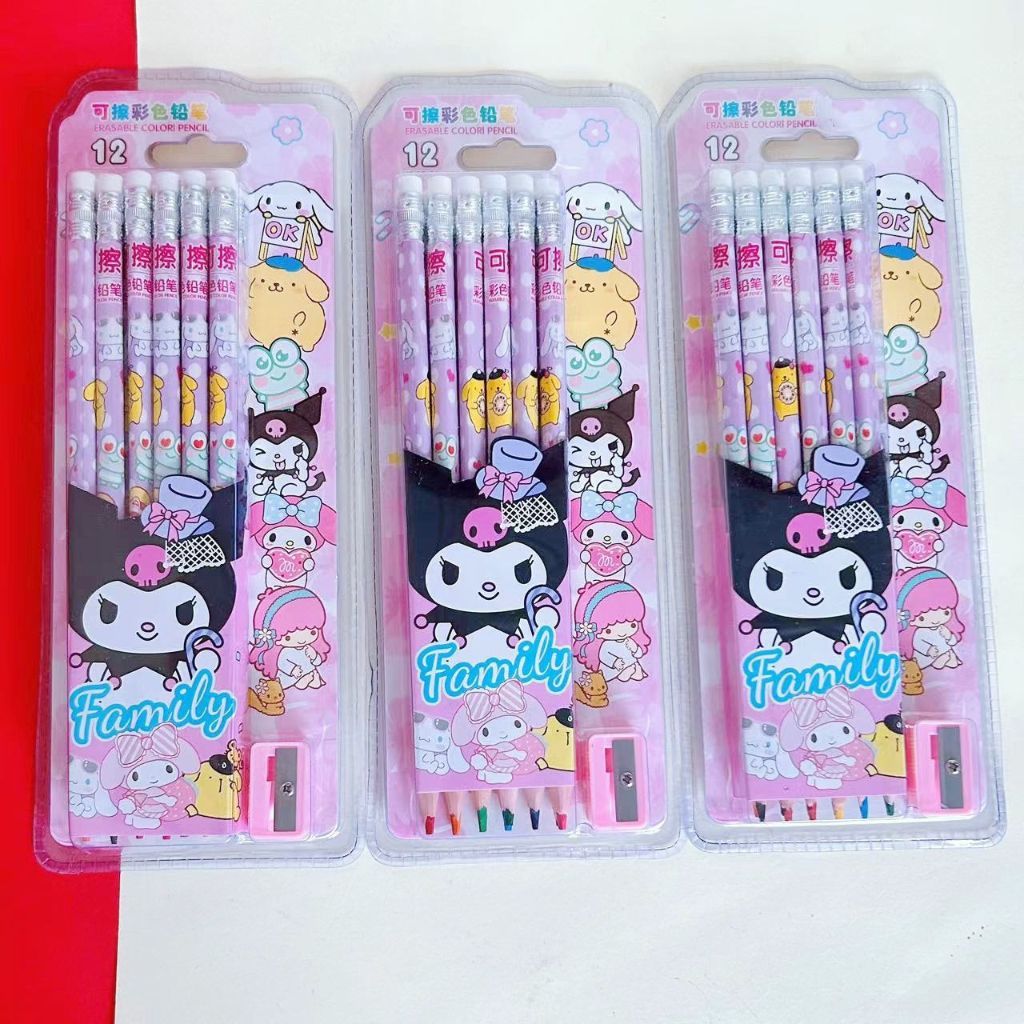 

12 PCS Pensil Warna Free Rautan Motif SANRIO / Set Pensil Warna 12 PCS Free Rautan Kuromi Cinnamoroll My Melody