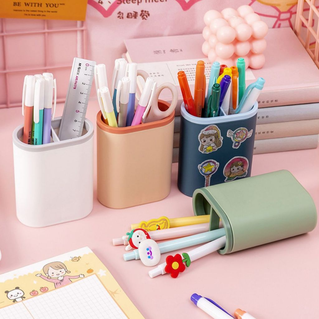 

JIUCHON Tempat Pensil dan Pulpen Bentuk Oval 2 Sekat Pen Holder Plastik Kotak Penyimpanan ATK Alat Tulis Serbaguna