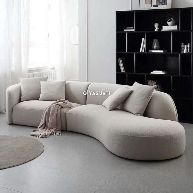 Sofa shaby aesthetic, Sofa boucle unik, Sofa ruang tamu model lengkung rangka jati