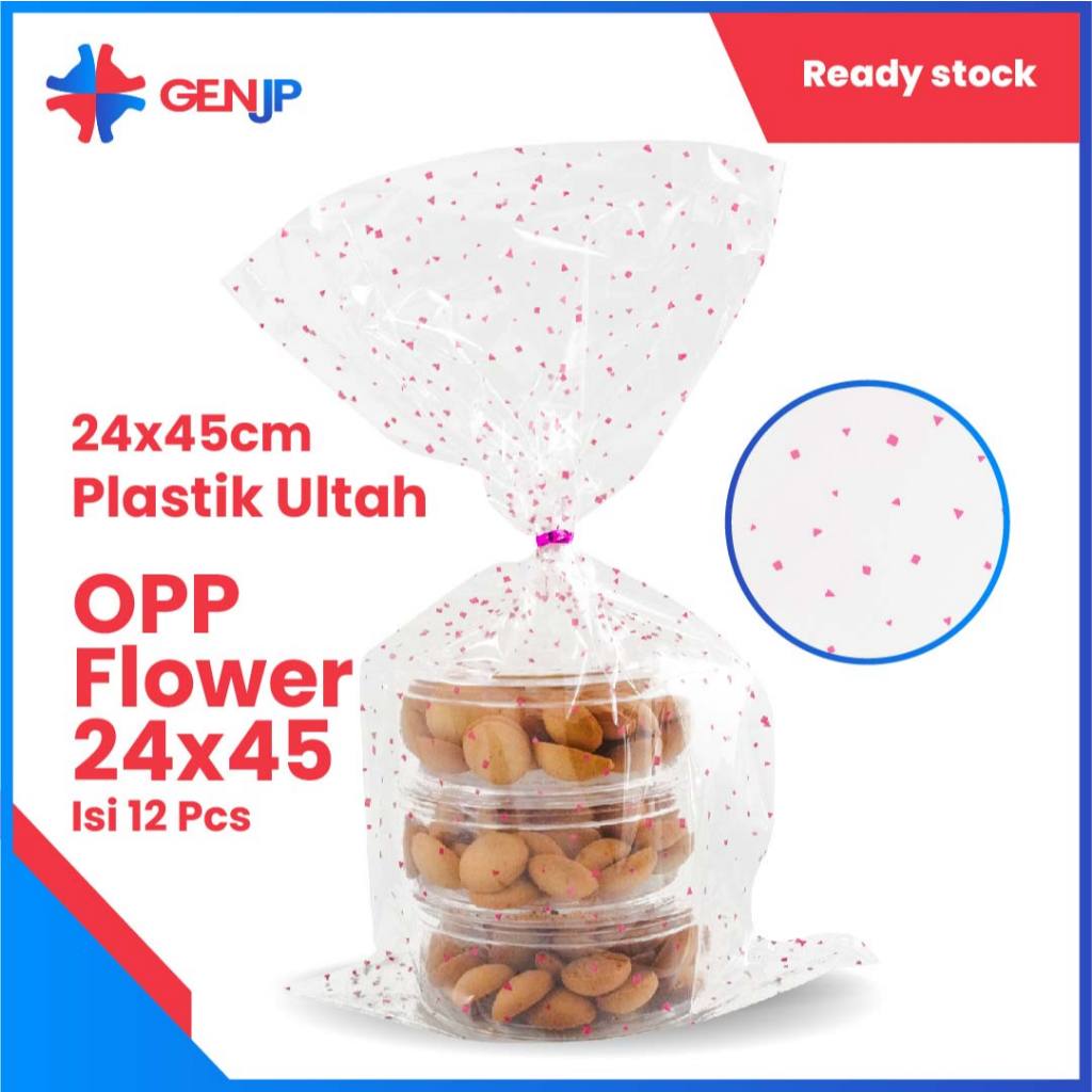 Plastik OPP/KACA Ultah Motif Pecahan Kaca/Flower Ukuran 24x45cm (Termasuk pita kawat) Merah/Biru/Put