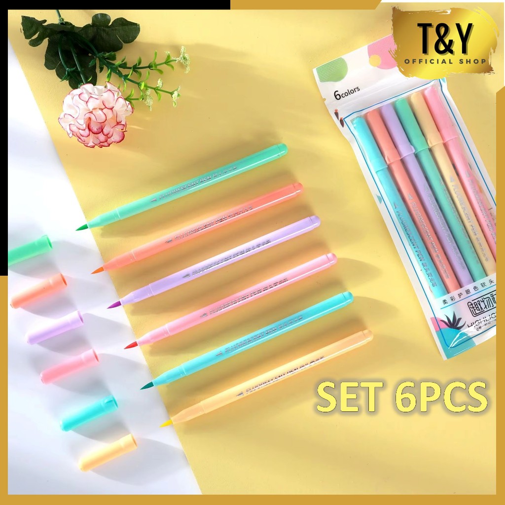 

T&Y Highlighter Pen Calligraphy Brush Lettering Aesthetic Vintage Set 6pcs Brush Pen Warna Warni Brush Marker Pena Kuas Warna Pulpen Brush Marker Highlighter Warna Pastel Random