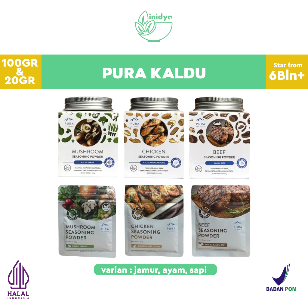 

PURA Seasoning Powder | Kaldu Ayam, Sapi dan Jamur | Kaldu Mpasi Bayi | Kemasan botol 100gr dan Sachet 20gr untuk Masakan Soup non Msg