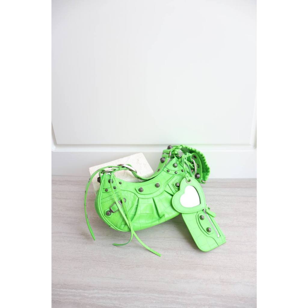 Balenciaga le cagole shoulder bag XS in acid green croco