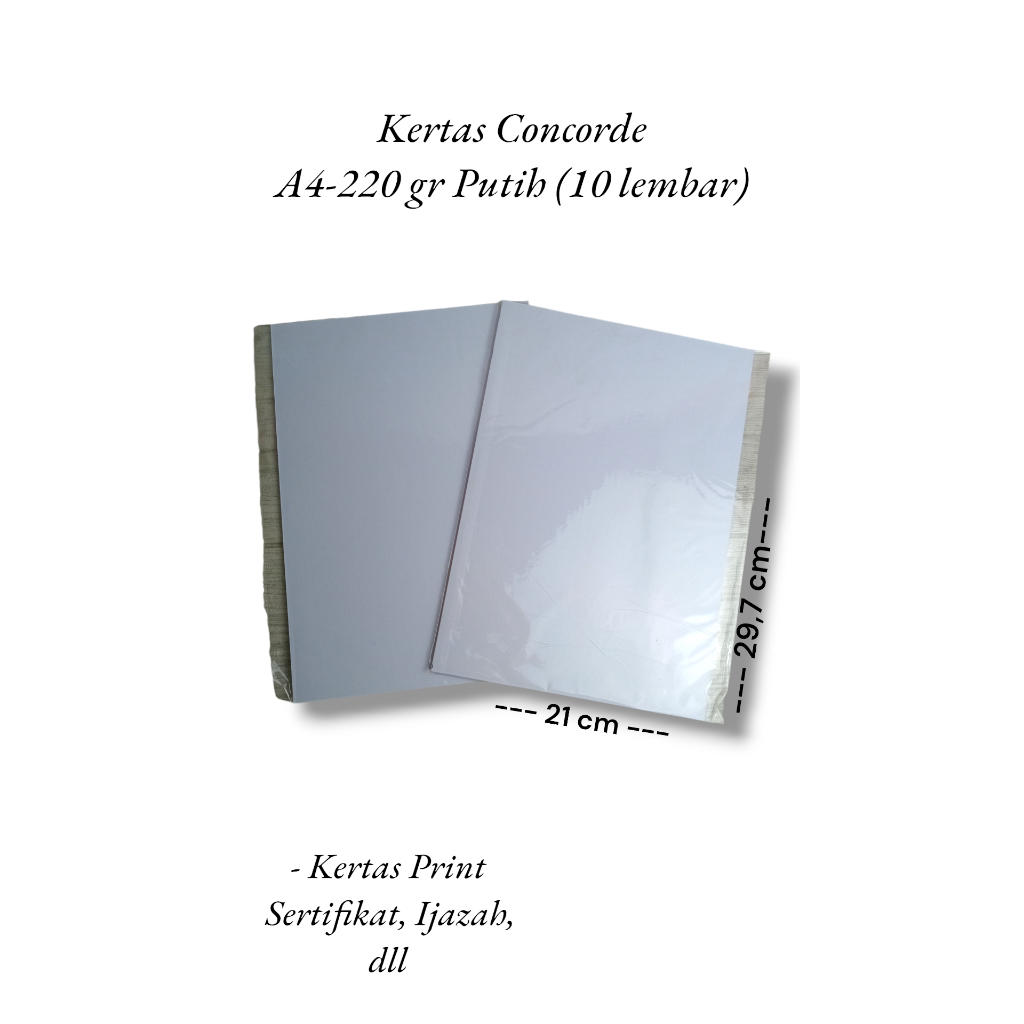

(pack = 10 lembar) Kertas Concorde A4 - 220 gr Putih - Kertas Print Sertifikat/ Ijazah