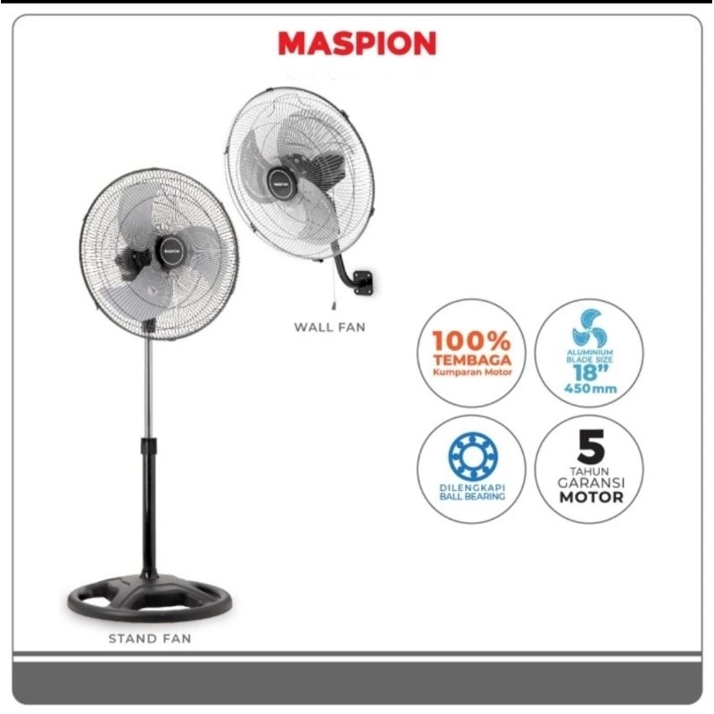 MASPION : PW453 KIPAS ANGIN BESI 2IN1 BERDIRI & DINDING 18 INCH STAND WALL POWER FAN PW 453 BALING B